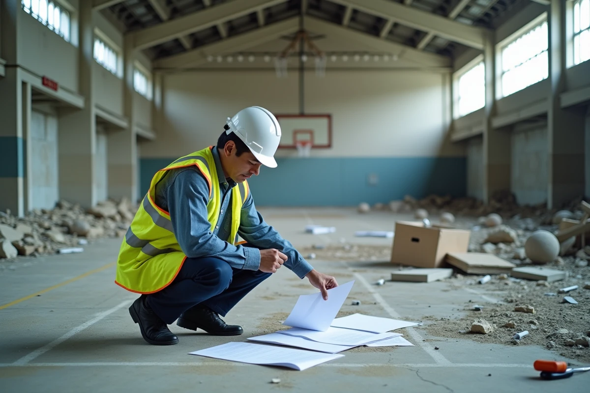Ingenieur japonais examine documents dans gymnase détruit