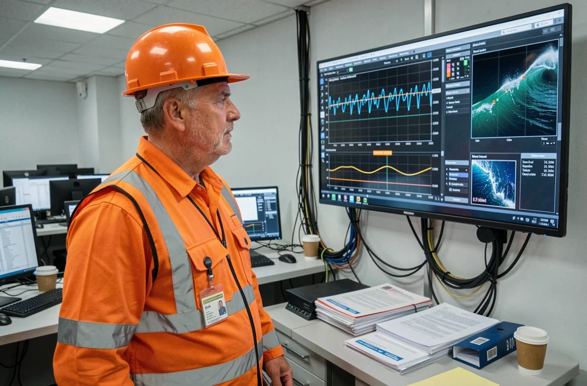Ingénieur de protection civile analysant des données sismiques dans un centre de surveillance des tsunamis