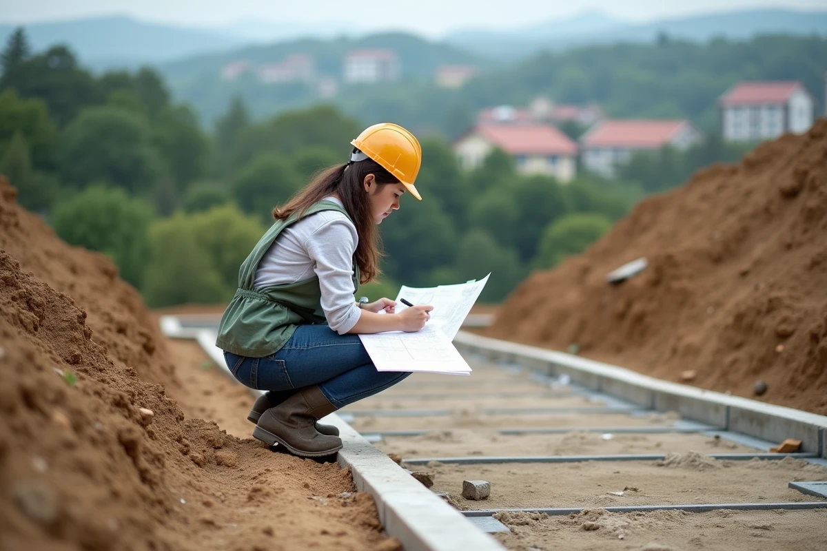 Jeune femme inspecte des plans sur un terrasse en construction