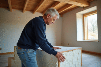 Homme moyenâgeux installant des panneaux d'isolation dans une maison rénovée