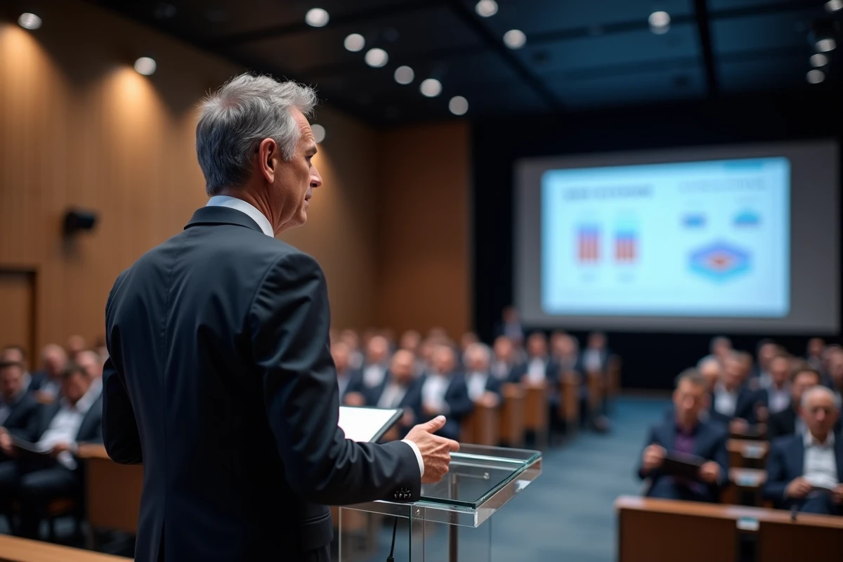 Notaire intervenant à la tribune du Congrès UINL Paris présentant les innovations numériques du notariat mondial sur scène