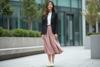 Jeune adulte nonbinaire en blazer et jupe dans une place urbaine