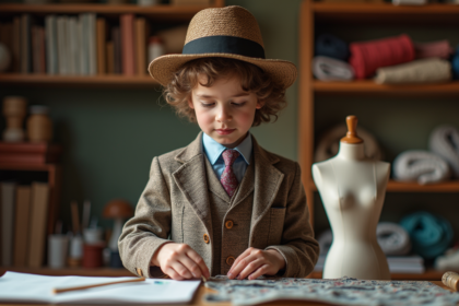 Jeune garçon ajustant un tissu dans un atelier créatif