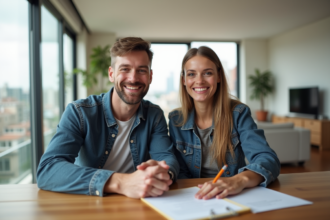 Jeune couple souriant signant un prêt immobilier à la maison