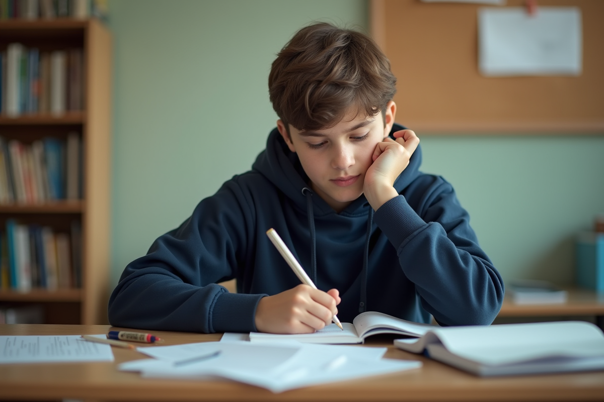 Jeune garçon de 16 ans concentré à écrire à son bureau