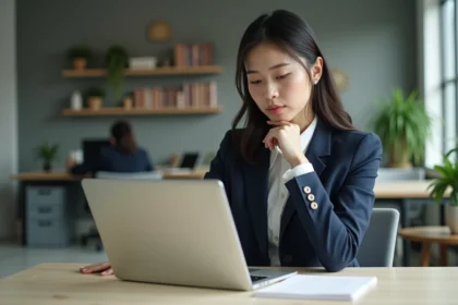 Jeune femme en bureau concentrée sur un email