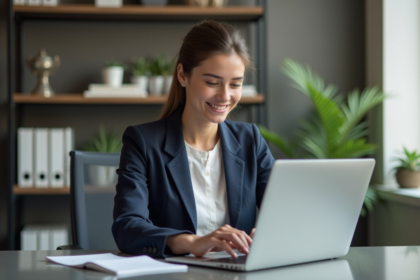 Jeune femme en blazer blanc travaillant sur un ordinateur moderne
