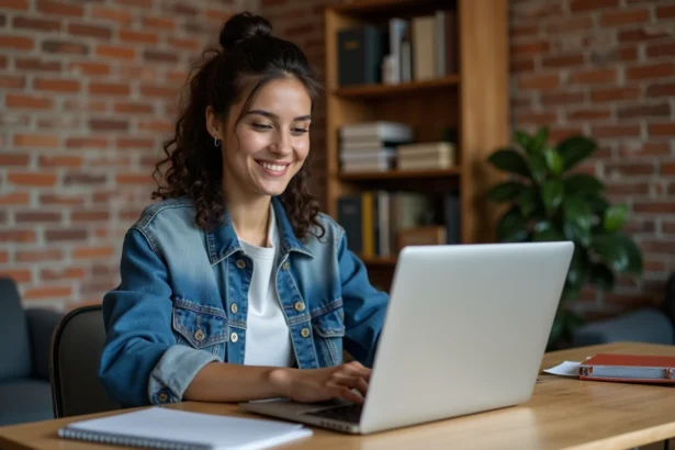 Jeune femme en streetwear travaillant sur un ordinateur dans un appartement