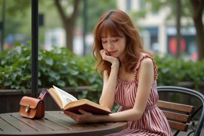 Jeune femme pensif lisant un livre d'astrologie en extérieur