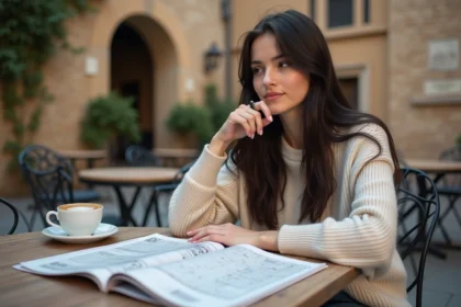 Jeune femme pensant au café avec puzzle et espresso