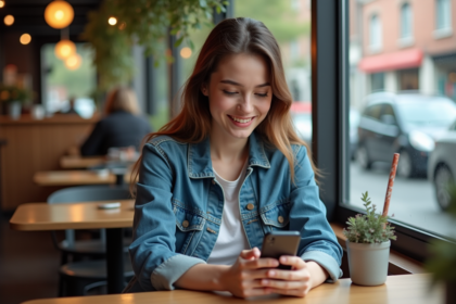 Jeune femme au café utilisant son smartphone en journée
