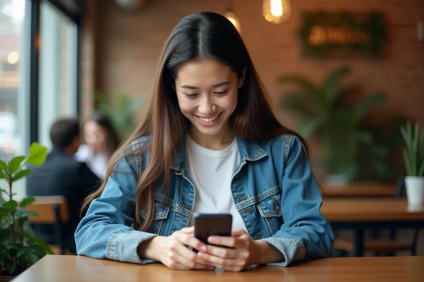 Jeune femme au café utilisant son smartphone dans un cadre cosy