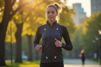 Jeune femme courant dans un parc urbain avec veste LED et montre connectée