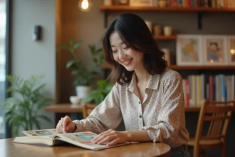 Jeune femme japonaise lisant manga dans un café cosy
