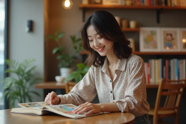 Jeune femme japonaise lisant manga dans un café cosy