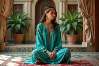 Jeune femme orientale en robe turquoise dans un intérieur riche