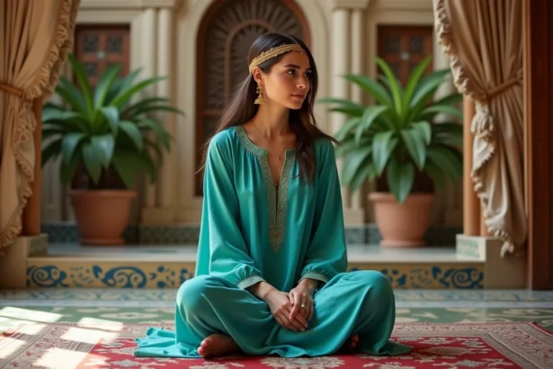 Jeune femme orientale en robe turquoise dans un intérieur riche