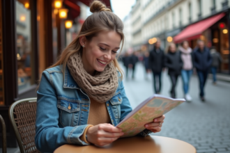 Jeune femme souriante avec carte à Paris en extérieur