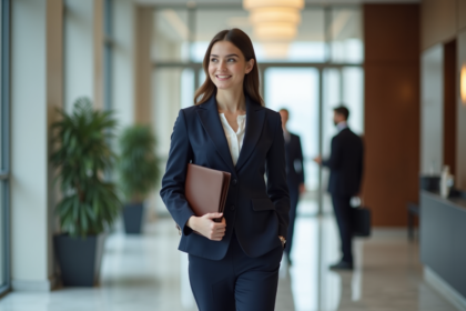 Jeune femme en tailleur navy dans un lobby moderne