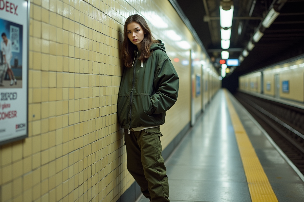 Jeune femme en streetwear dans le métro urbain
