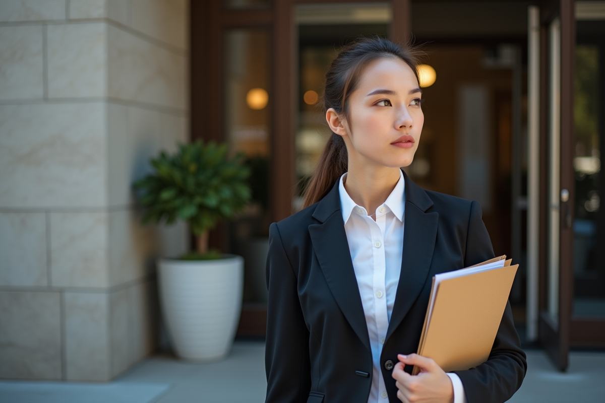 Jeune femme confiante sortant du tribunal moderne
