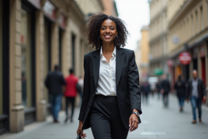 Jeune femme élégante marche dans la ville en blazer