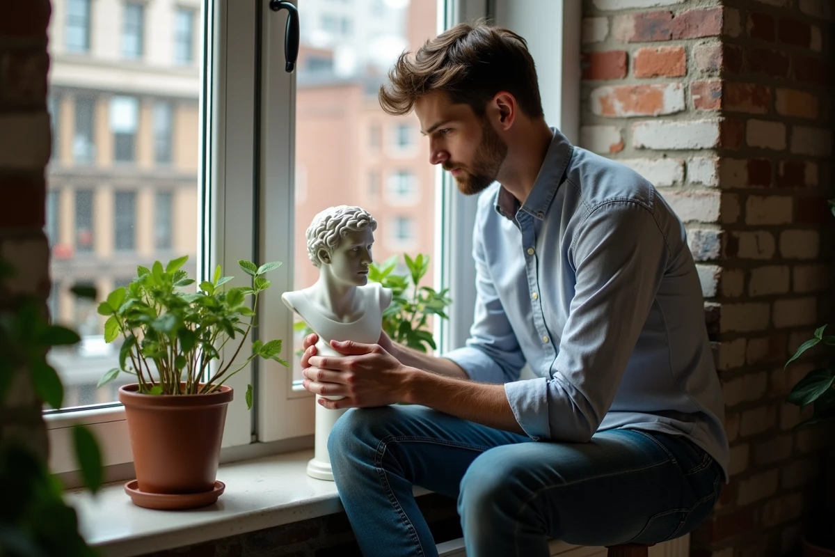 Jeune homme examinant un petit buste grec dans un appartement urbain