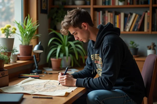 Jeune homme étudiant une carte dans un bureau cosy