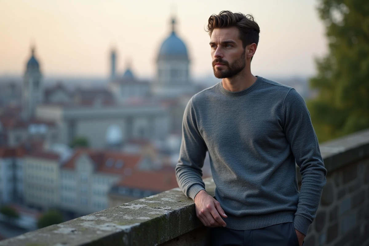 Jeune homme élégant sur terrasse urbaine, profil masculin recherché par femmes matures sur JM Cougar
