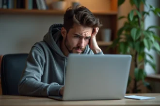 Jeune homme frustré devant son ordinateur à la maison