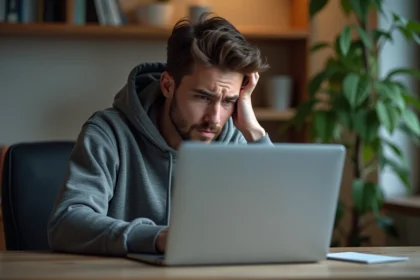 Jeune homme frustré devant son ordinateur à la maison
