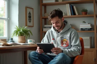 Jeune homme lisant manga sur tablette à son bureau