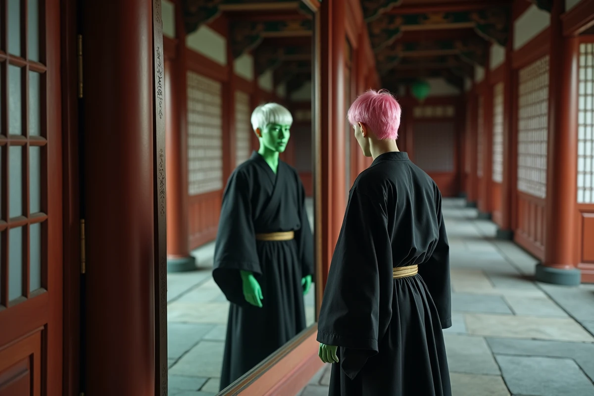 Jeune homme avec kimono noir reflet dans un miroir