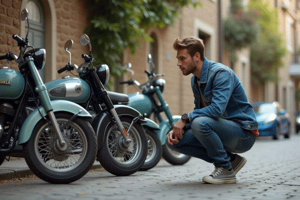 Jeune homme compare des mobylettes vintage en ville