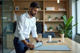Jeune homme musulman en prière dans un bureau moderne à Reims