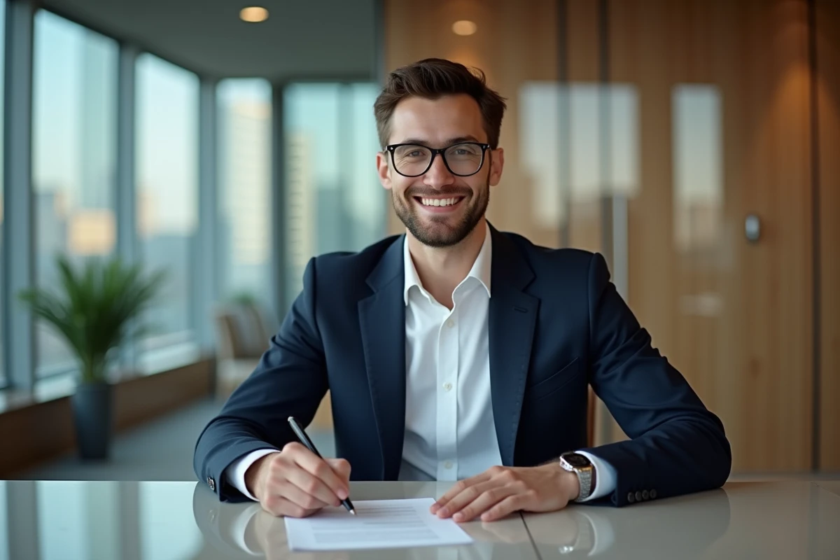 Jeune professionnel signant un contrat de prêt dans un bureau moderne