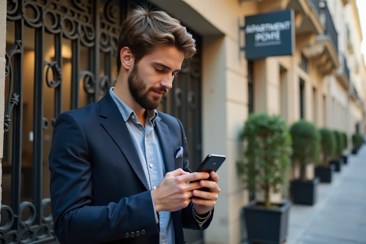 Jeune homme vérifiant son smartphone devant un immeuble