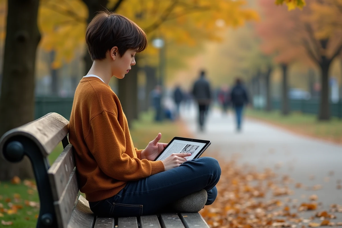 Jeune lecteur dans un parc lisant un manga sur une tablette