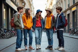 Groupe d'ados français discutant dans la rue moderne