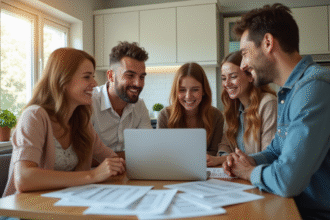 Jeunes adultes souriants autour d'une table moderne à la cuisine