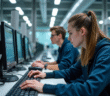 Jeunes adultes collaborant sur un équipement industriel dans un laboratoire moderne