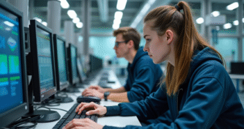 Jeunes adultes collaborant sur un équipement industriel dans un laboratoire moderne