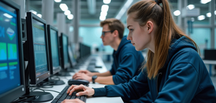 Jeunes adultes collaborant sur un équipement industriel dans un laboratoire moderne