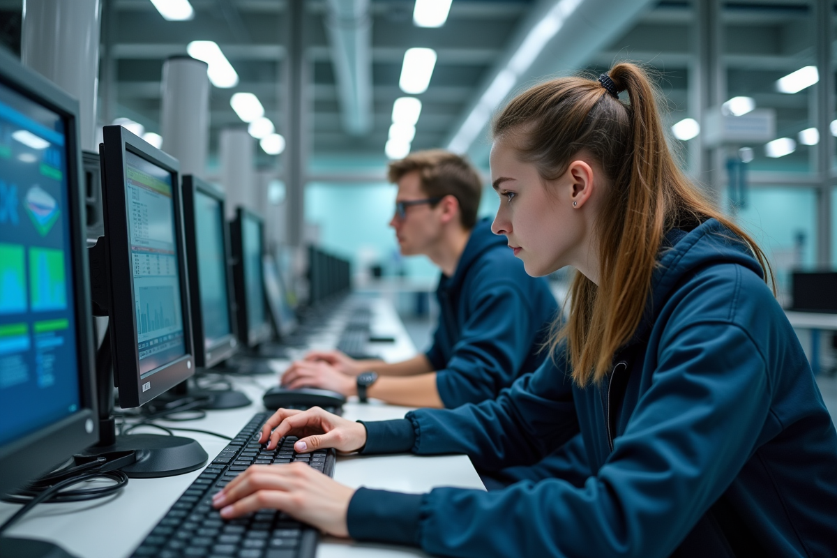 Jeunes adultes collaborant sur un équipement industriel dans un laboratoire moderne