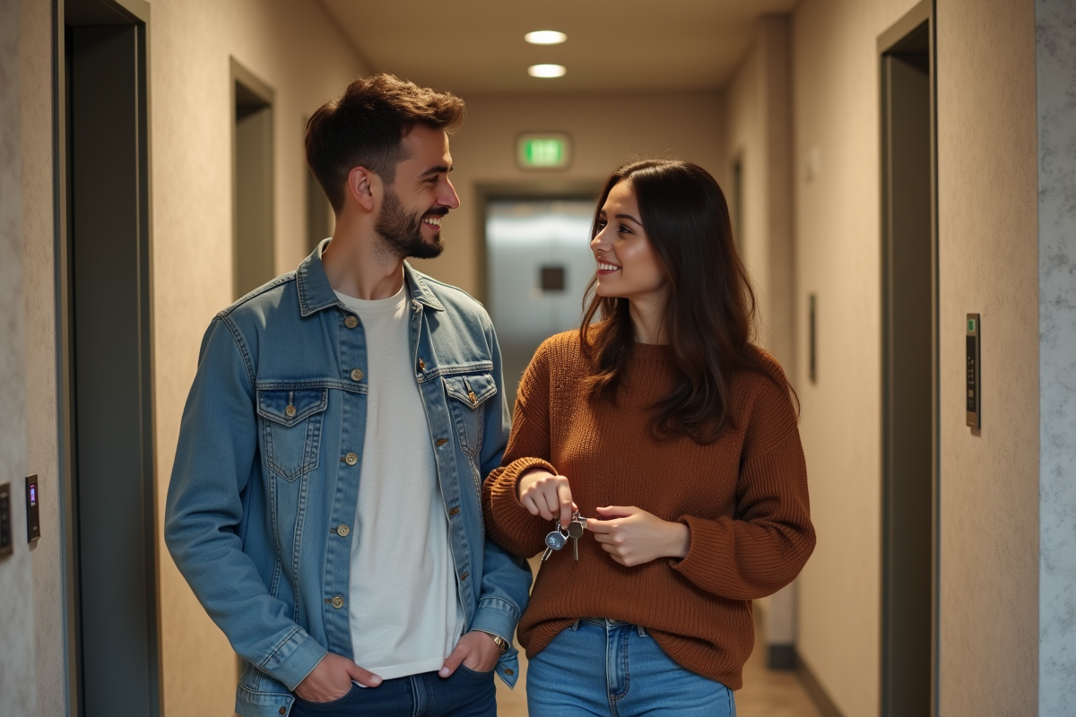 Jeune couple souriant avec clés dans le couloir d