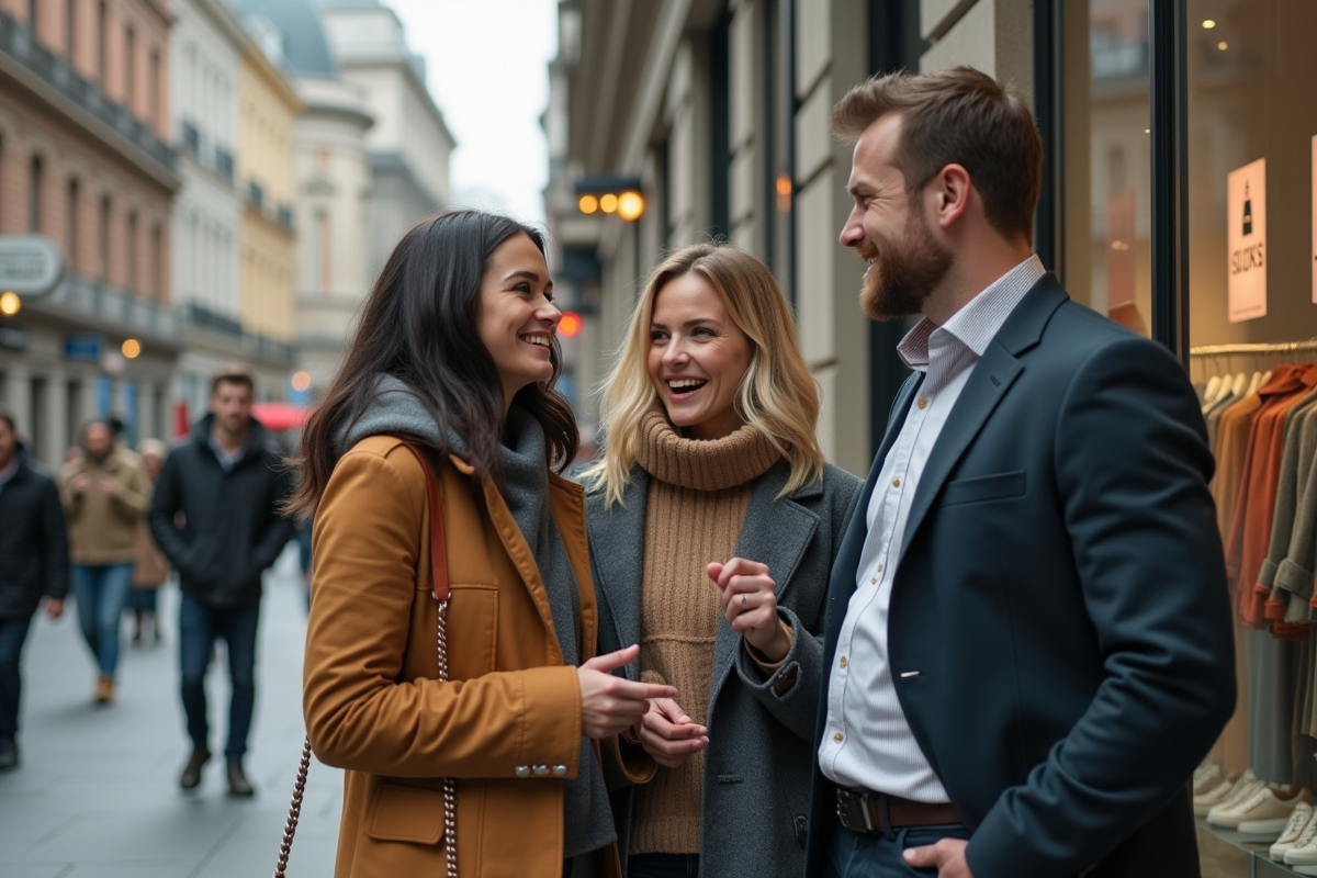 Jeunes discutant devant une vitrine en milieu urbain
