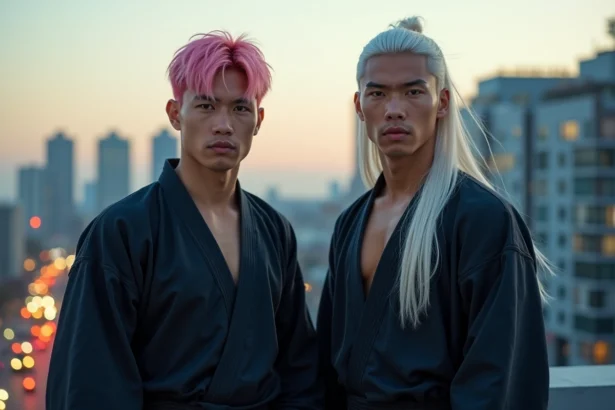 Deux jeunes hommes sur un rooftop urbain au crépuscule