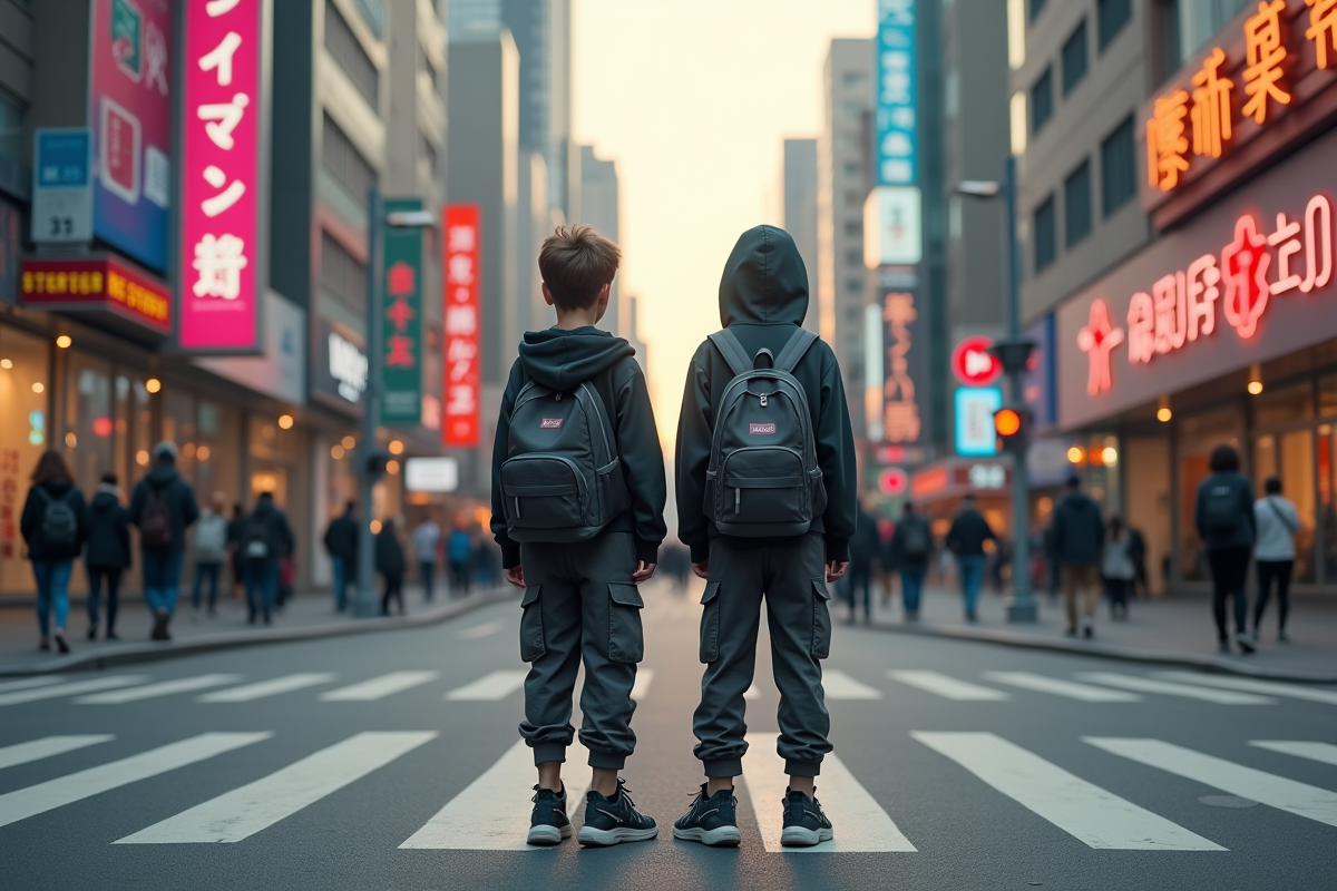 Adolescentes en techwear au passage piéton en ville