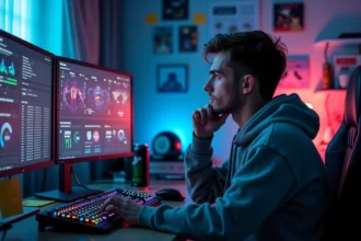 Joueur de League of Legends analysant ses statistiques de saisons passées sur un double écran dans une chambre de gamer