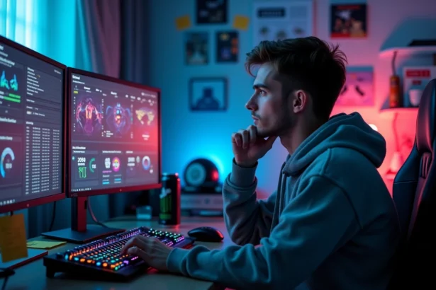 Joueur de League of Legends analysant ses statistiques de saisons passées sur un double écran dans une chambre de gamer